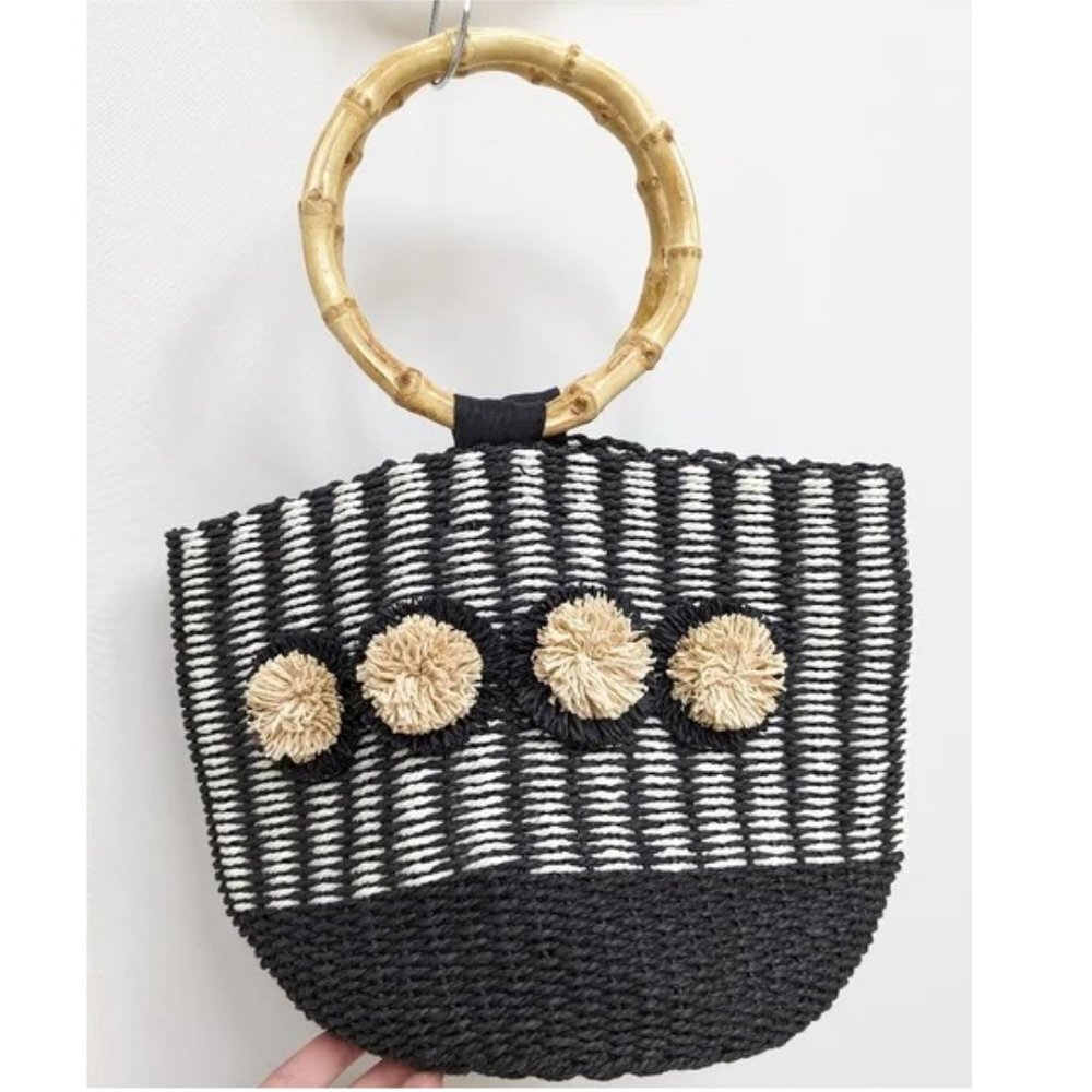 NEW World Market Woven Boho Bamboo Handle Black Handbag